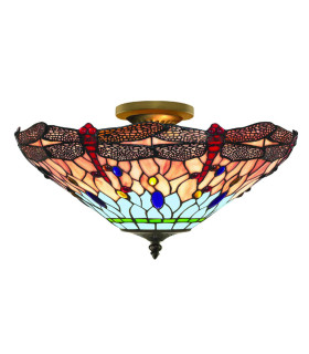 Dragonfly 3 Light Semi Flush Ceiling Light Antique Brass Tiffany Glass Red Blue E14_Main