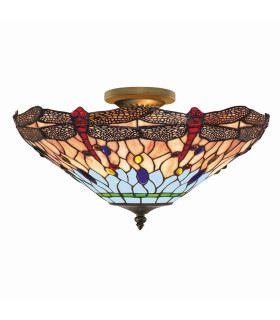 Dragonfly 3 Light Semi Flush Ceiling Light Antique Brass Tiffany Glass Red Blue E14_Off