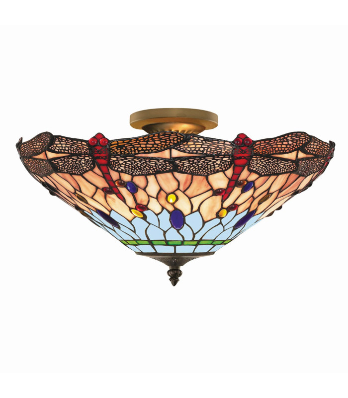 Dragonfly 3 Light Semi Flush Ceiling Light Antique Brass Tiffany Glass Red Blue E14_Off
