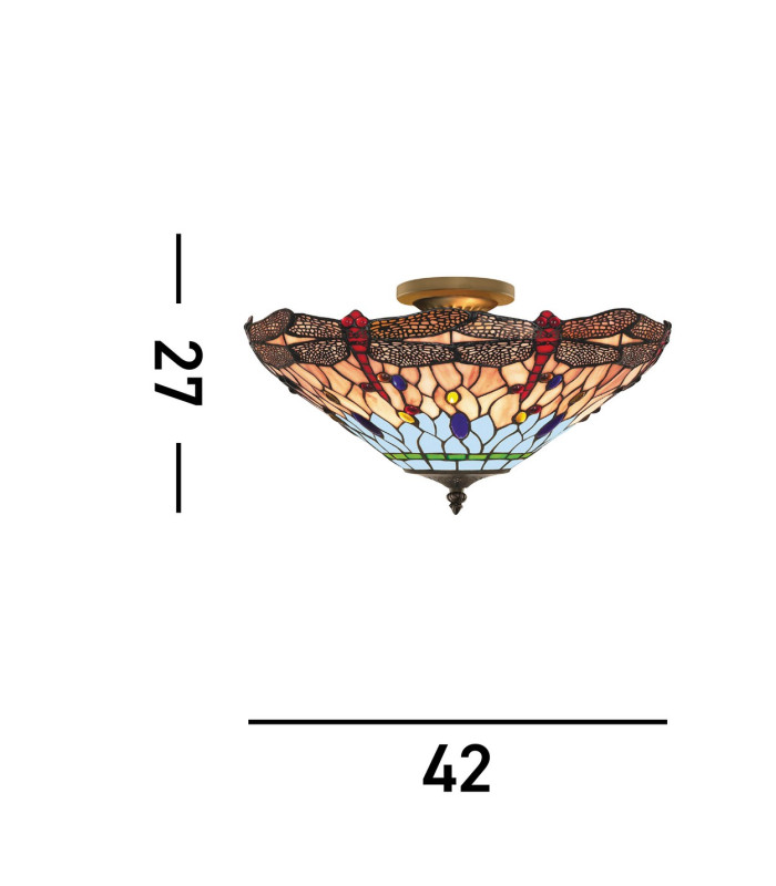 Dragonfly 3 Light Semi Flush Ceiling Light Antique Brass Tiffany Glass Red Blue E14_Line
