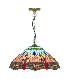 Ceiling Pendant Antique Brass Blue Dragonfly Tiffany Glass E14_Main
