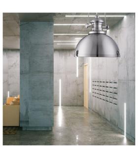 Industrial 1 Light Dome Ceiling Pendant Satin Silver with Acrylic Diffuser E27_Room