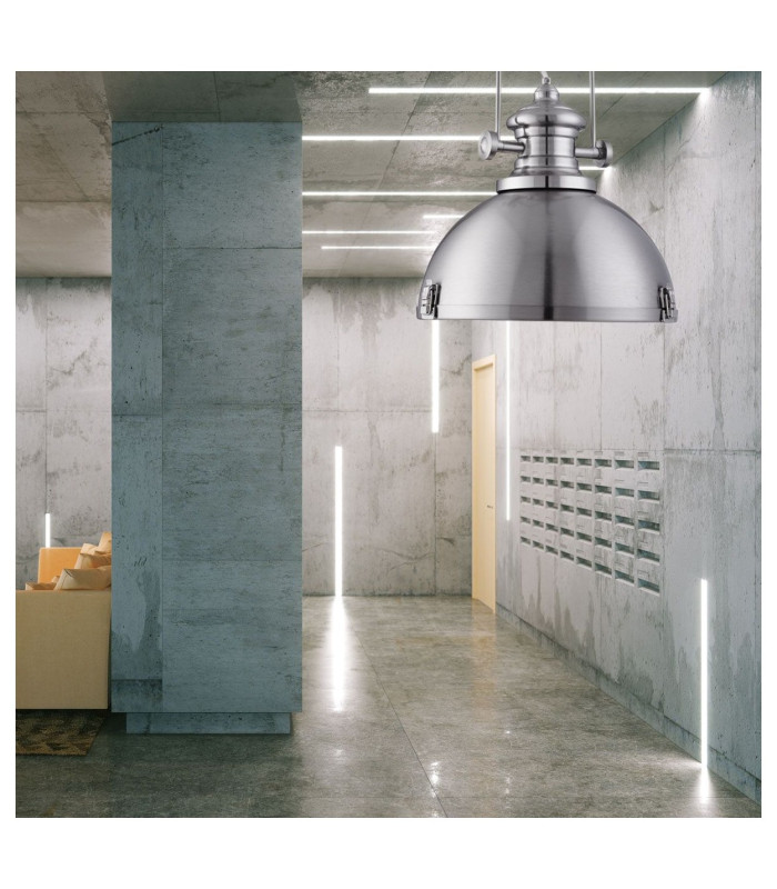 Industrial 1 Light Dome Ceiling Pendant Satin Silver with Acrylic Diffuser E27_Room