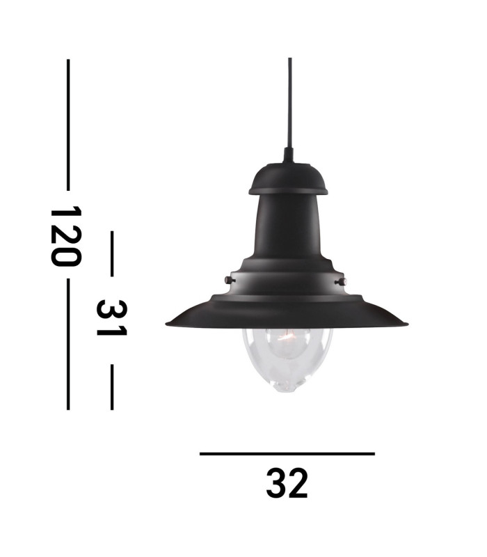 Fisherman 1 Light Dome Ceiling Pendant Black Clear Glass Medium E27_Line