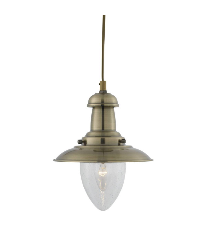 Fisherman 1 Light Dome Ceiling Pendant Antique Brass Seeded Glass E27_Main