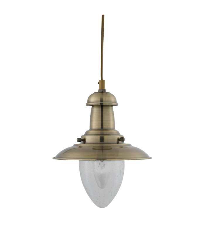 Fisherman 1 Light Dome Ceiling Pendant Antique Brass Seeded Glass E27_Off