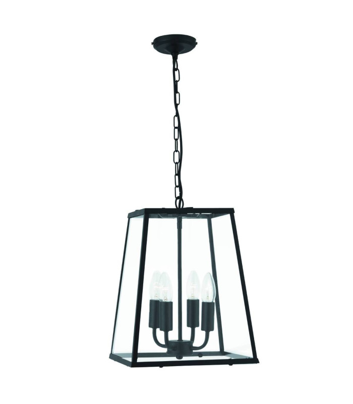 4 Light Ceiling Lantern Pendant Matt Black Glass Panels E14_Main