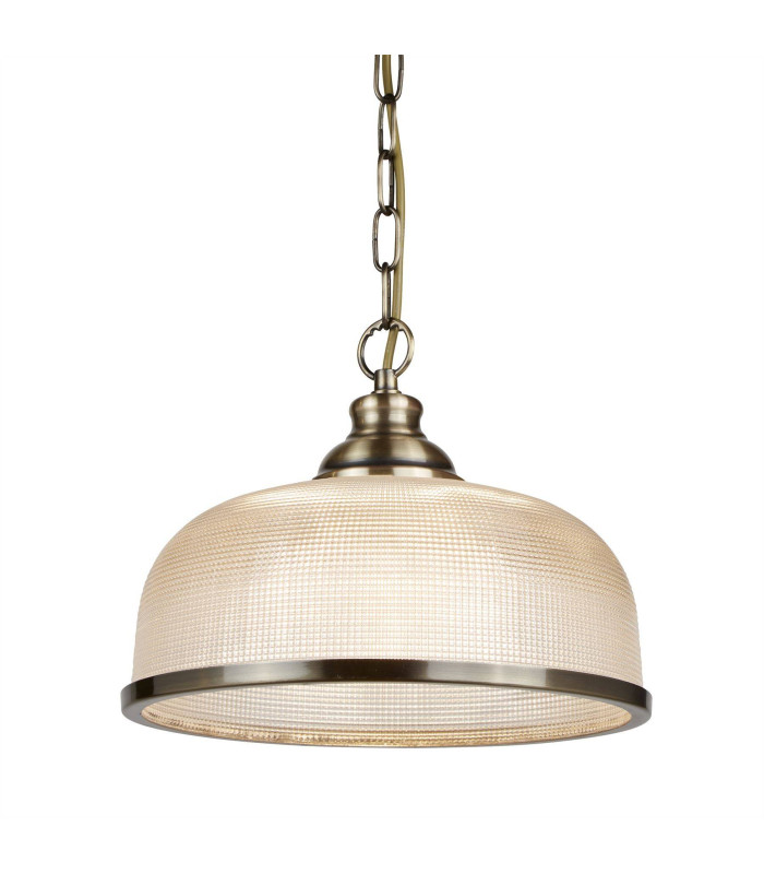 Bistro 1 Light Dome Ceiling Pendant White Antique Brass Glass E27_Main