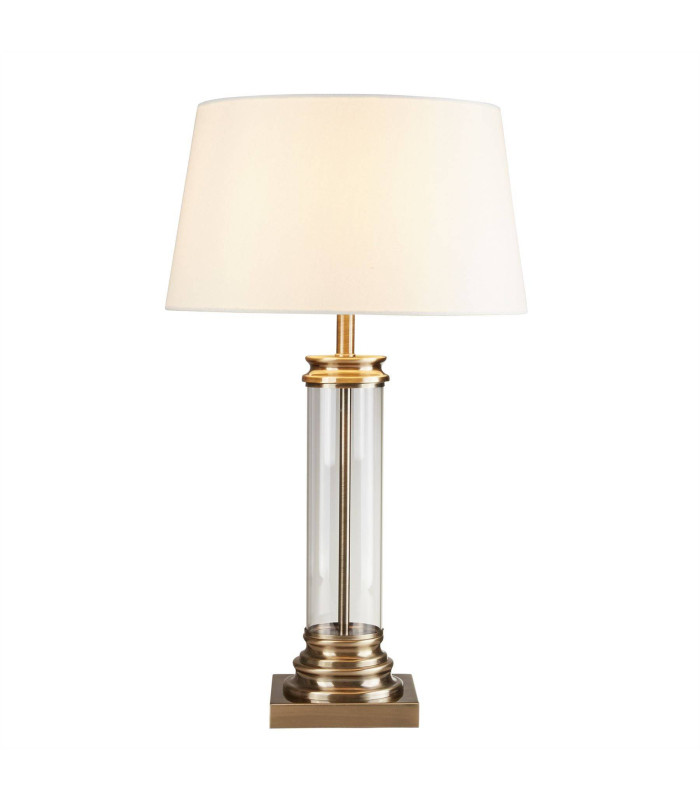 Pedestal 1 Light Glass Table Lamp Antique Brass with Cream Shade E27_Main