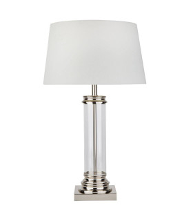 Pedestal 1 Light Glass Table Lamp Satin Silver with Cream Shade E27_Main
