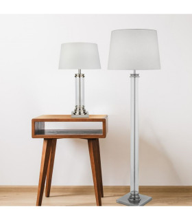 Pedestal 1 Light Glass Table Lamp Satin Silver with Cream Shade E27_Room