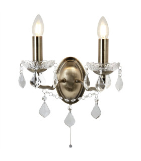 Paris 2 Light Indoor Candle Wall Light Antique Brass Clear with Crystal Glass E14_Main