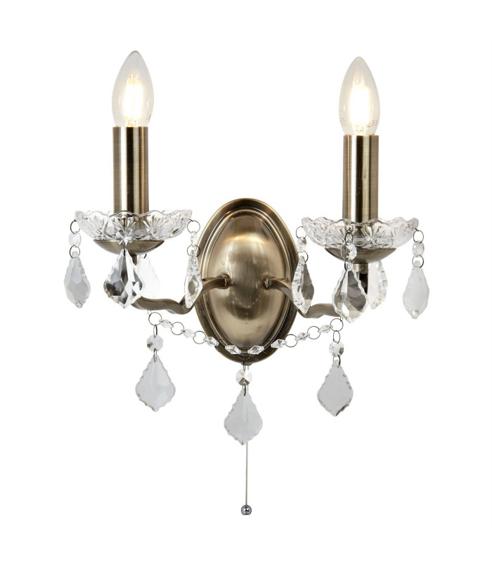 Paris 2 Light Indoor Candle Wall Light Antique Brass Clear with Crystal Glass E14_Main