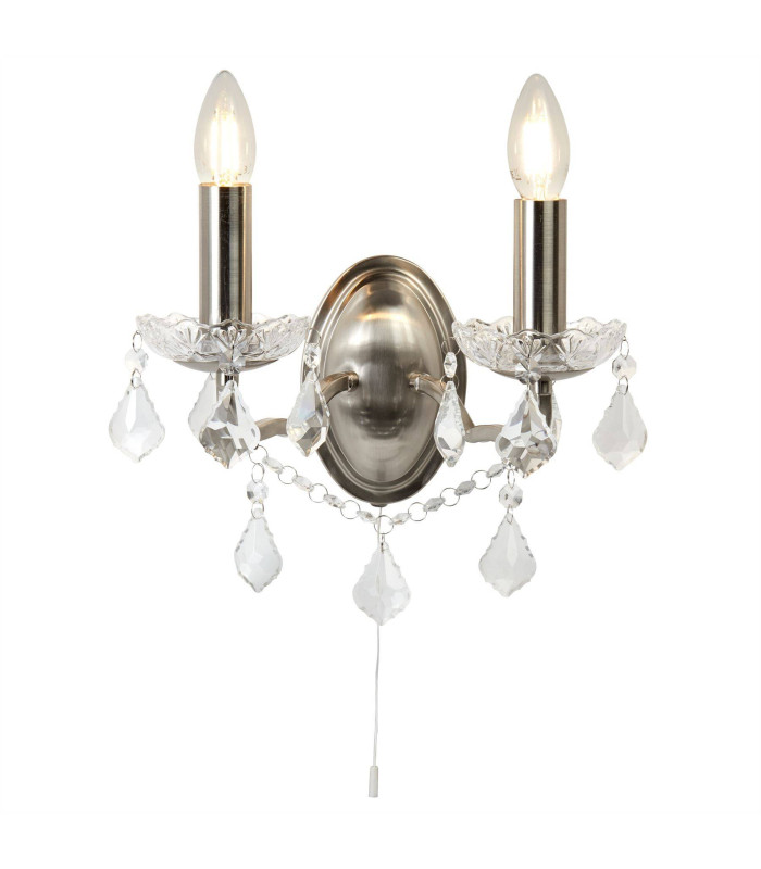 Paris 2 Light Indoor Candle Wall Light Satin Silver Clear with Crystal Glass E14_Main