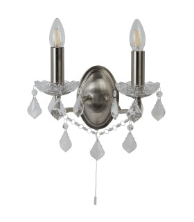 Paris 2 Light Indoor Candle Wall Light Satin Silver Clear with Crystal Glass E14_Off