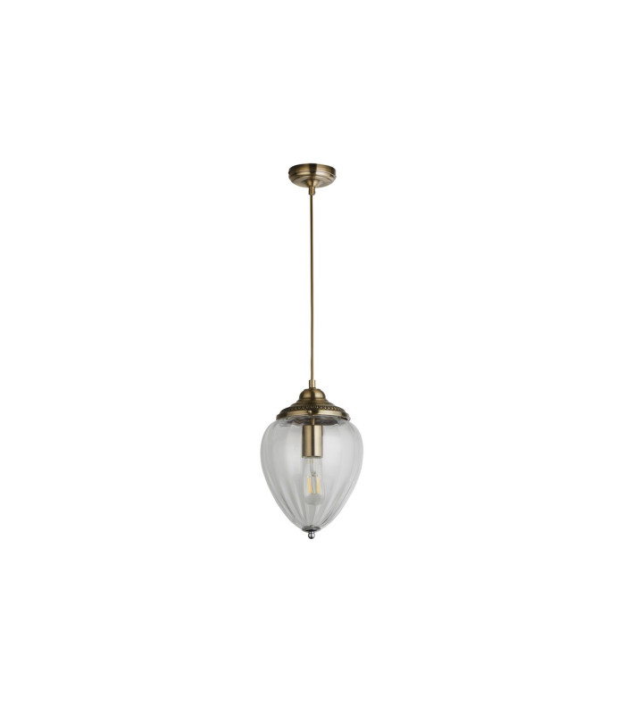 Pineapple 1 Light Pendant Antique Brass Ribbed Glass Shade E27_Off