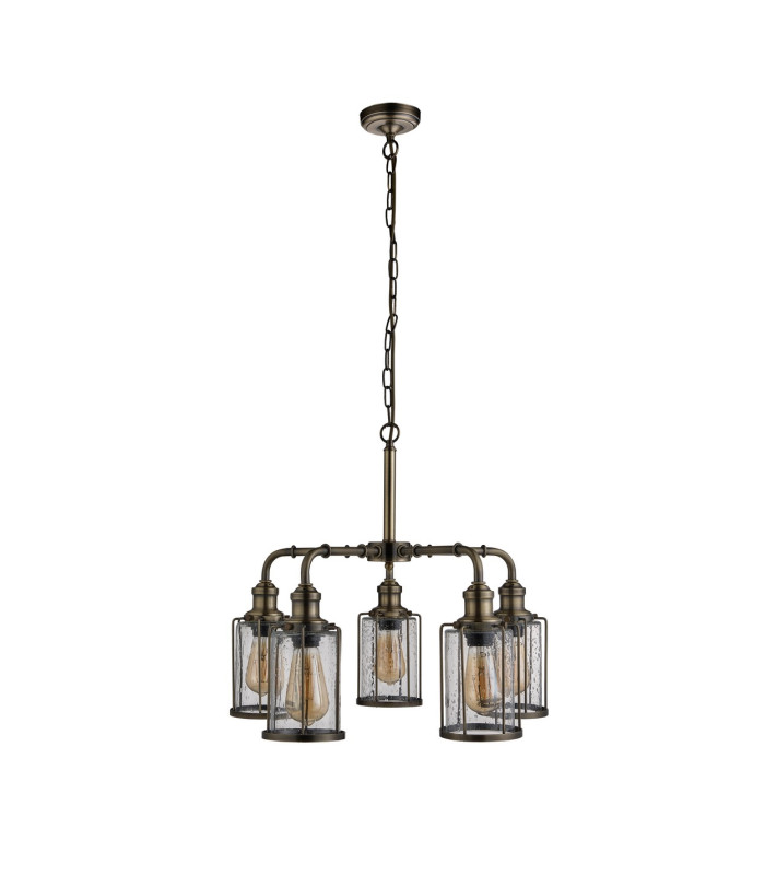Pipes 5 Light Pendant Antique Brass Glass Shade E27_Off