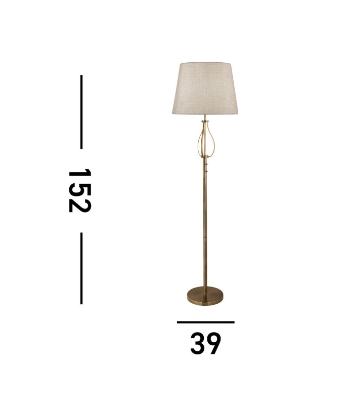 Vegas 1 Light Floor Lamp Antique Brass Grey Shade E27_Line