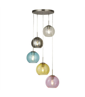 Mardi Gras 5 Light Cluster Pendant Satin Silver Blue Smoked Yellow Pink E27_Main
