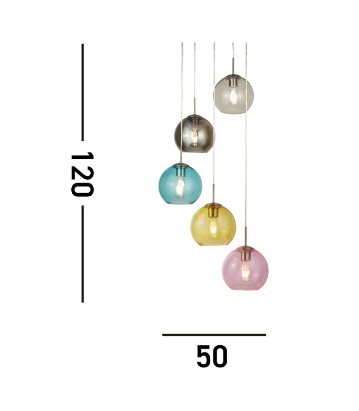 Mardi Gras 5 Light Cluster Pendant Satin Silver Blue Smoked Yellow Pink E27_Line