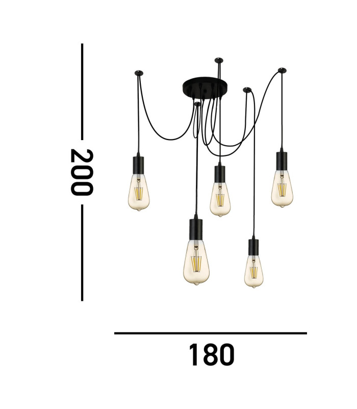 Squiggle 5 Light Cluster Pendant Matt Black E27_Line