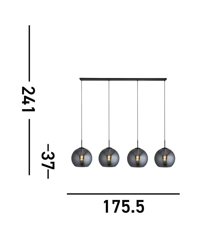 Amsterdam 4 Light Matt Black Bar Ceiling Pendant Round Smokey Glass Shades_Line