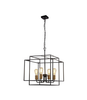 Crate 4 Light Black Frame Cage Ceiling Pendant with Bronze Lampholders_Main