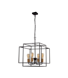 Crate 4 Light Black Frame Cage Ceiling Pendant with Bronze Lampholders_Off