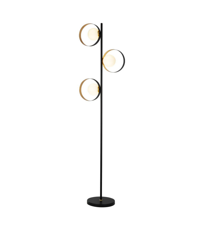 3 Light Matt Black And Gold Leaf Floor Light With Opal Glass_Main