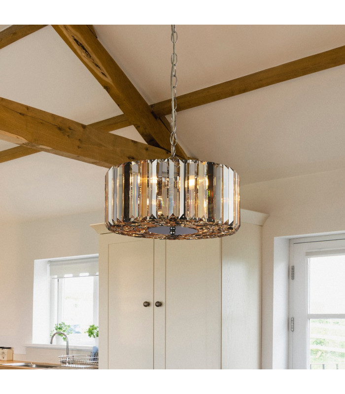 Chapeau 3 Light Chrome Pendant / Semi Flush Amber Smoke And Clear Glass Crystals_Room