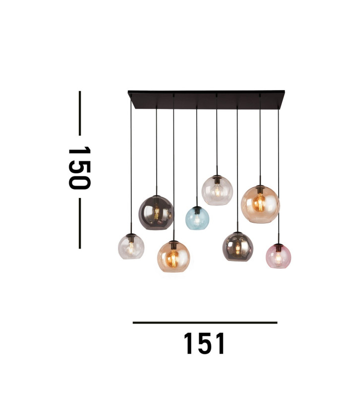 Mardi Gras 8 Light Bar Pendant Matt Black Multi Colour Glass Shades_Line
