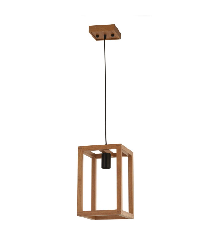 Square Woven Bamboo Wood 1 Light Pendant_Off
