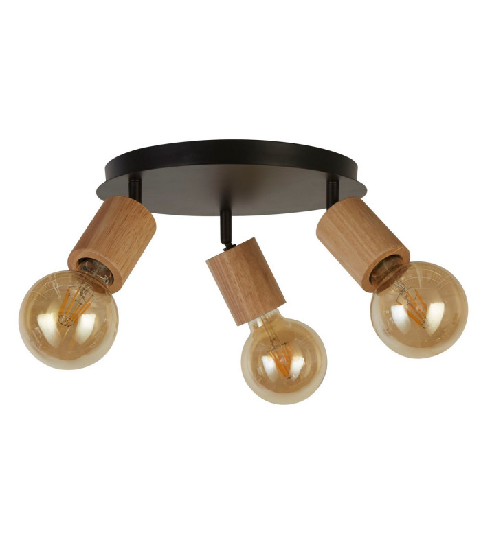Spinny 3 Light Round Spotlight- Wood & Black Metal_Off