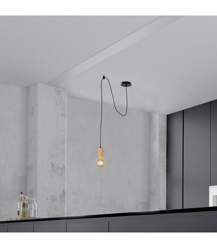 Spinny Ceiling Pendant Wood & Black Metal_Room