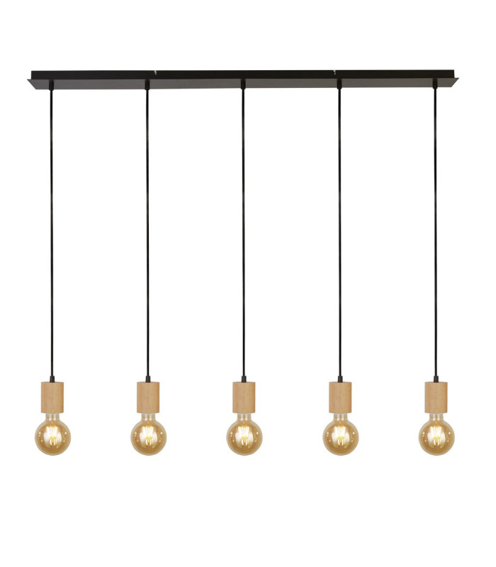 Spinny 5 Light Bar Ceiling Pendant- Wood & Black Metal_Main