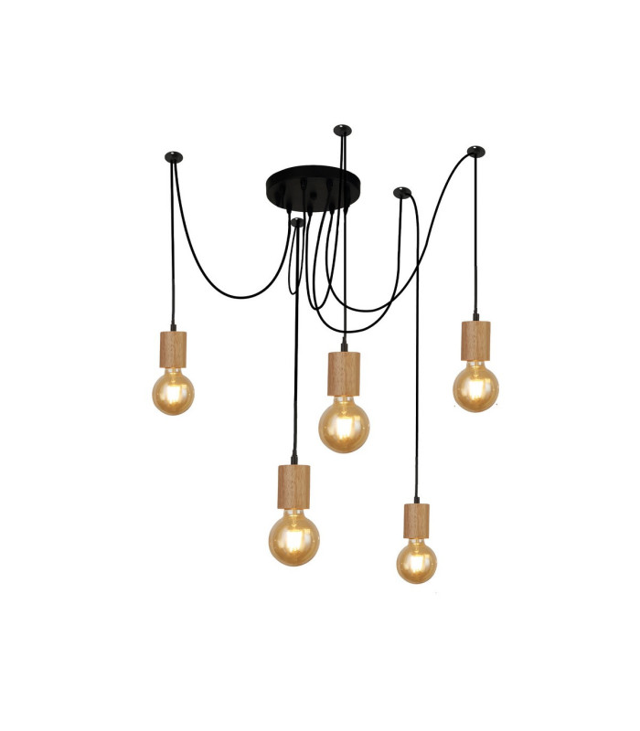 Spinny 5 Light Ceiling Pendant Wood & Black Metal_Main