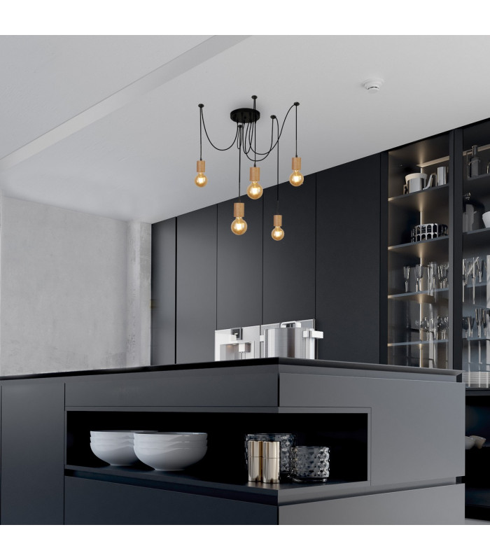 Spinny 5 Light Ceiling Pendant Wood & Black Metal_Room