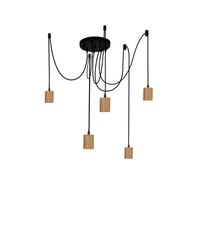 Spinny 5 Light Ceiling Pendant Wood & Black Metal_Off