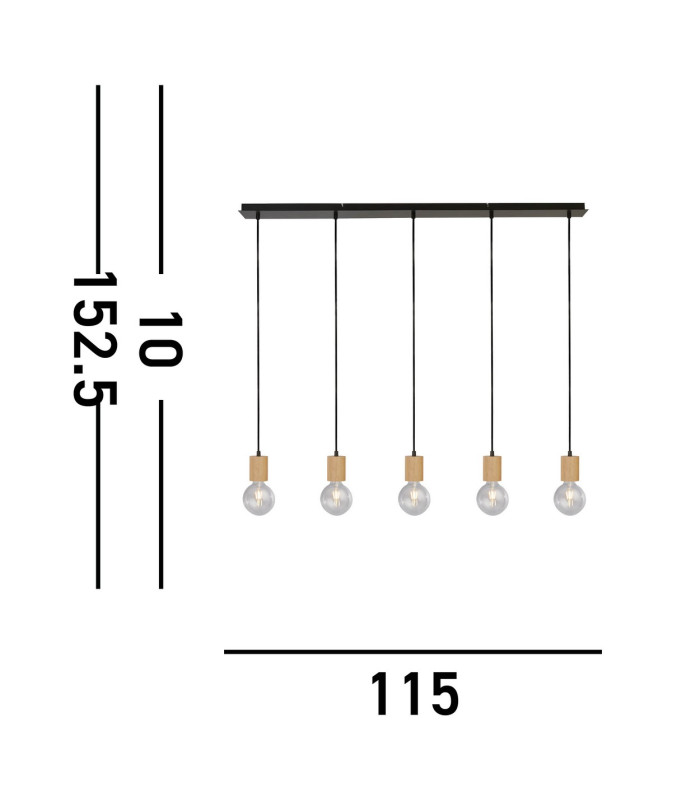Spinny 5 Light Bar Ceiling Pendant- Wood & Black Metal_Line