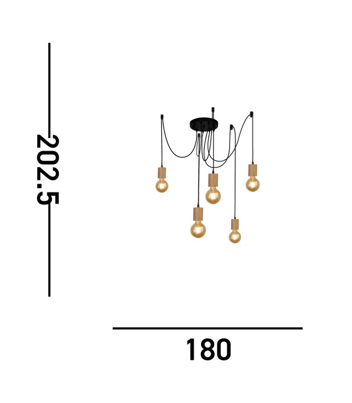Spinny 5 Light Ceiling Pendant Wood & Black Metal_Line