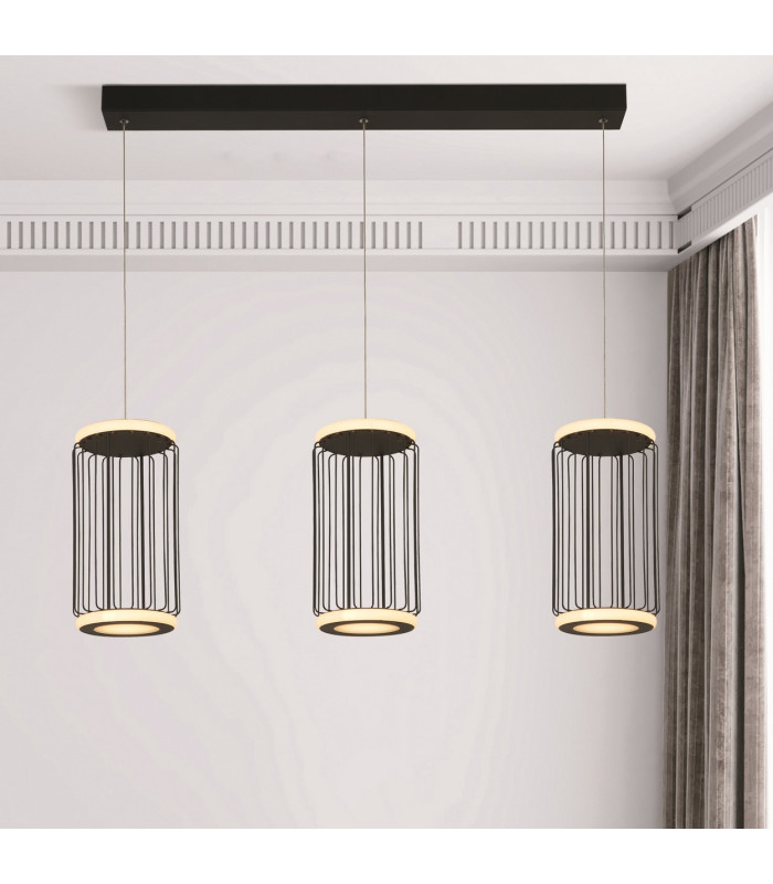 Circolo 3 Light Cage LED Bar Ceiling Pendant Black Metal_Room