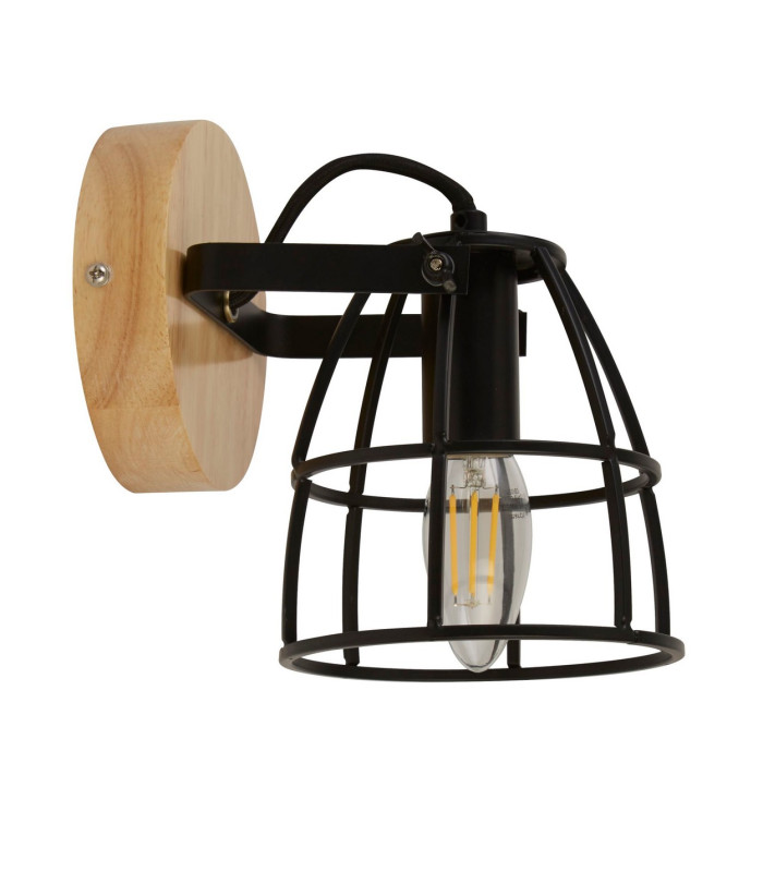 Vision Cage Round Wall Light Matt Black & Wood_Off