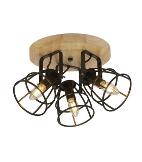 Vision 3 Light Cage Round Ceiling Light Matt Black & Wood_Main