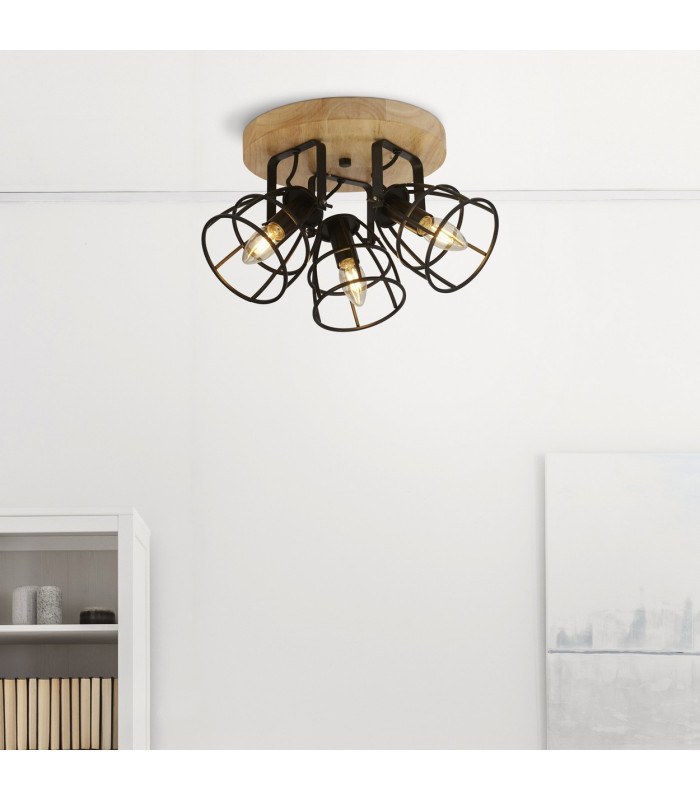 Vision 3 Light Cage Round Ceiling Light Matt Black & Wood_Room