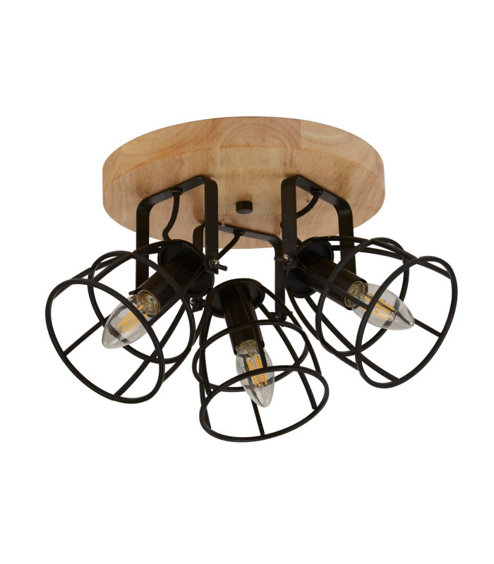 Vision 3 Light Cage Round Ceiling Light Matt Black & Wood_Off