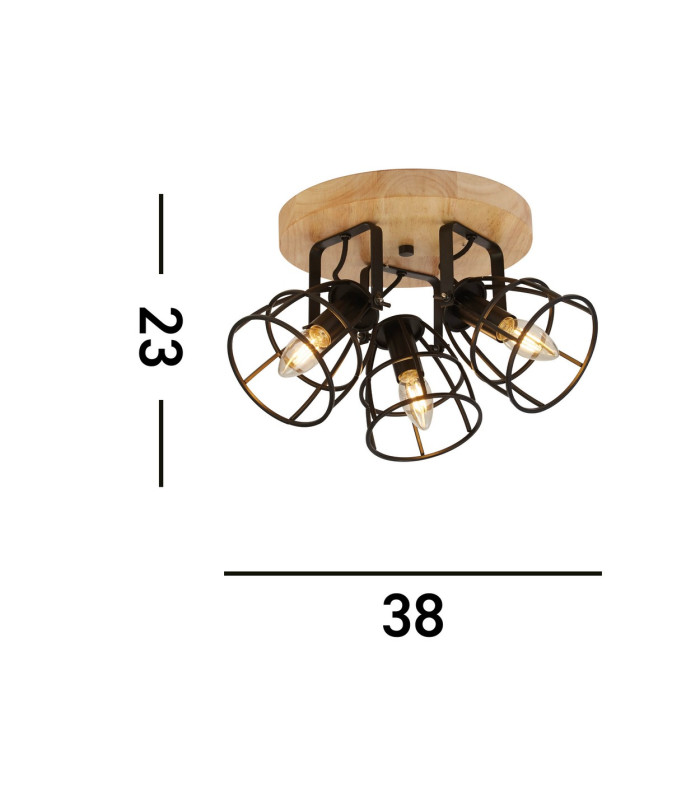 Vision 3 Light Cage Round Ceiling Light Matt Black & Wood_Line