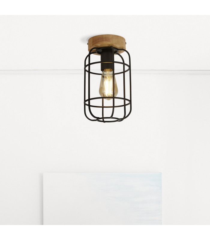 Vision Cage Ceiling Light Matt Black & Wood_Room