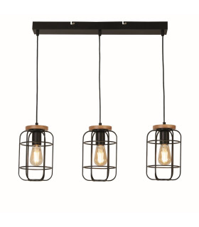 Vision 3 Light Cage Bar Ceiling Pendant Matt Black & Wood_Main