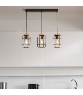 Vision 3 Light Cage Bar Ceiling Pendant Matt Black & Wood_Room