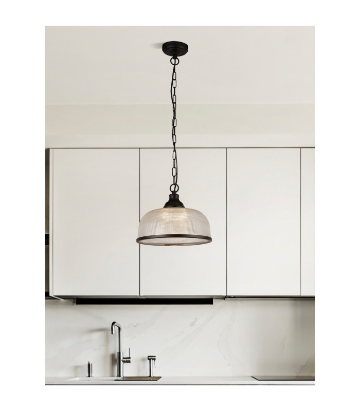 Highworth Pendant Matt Black Holophane Style Glass_Room